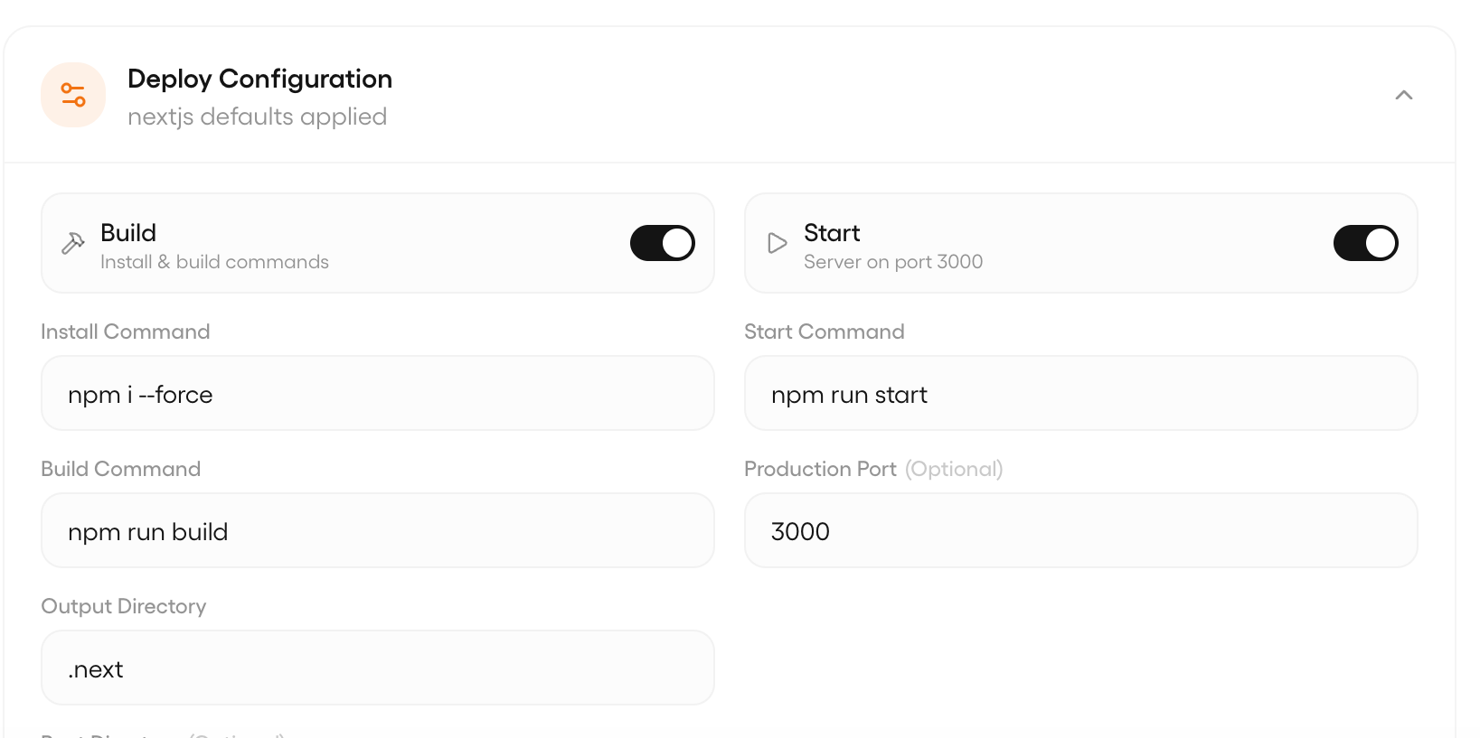 Painel de publicação de um site com build, start, porta de produção e diretório de saída configurados.